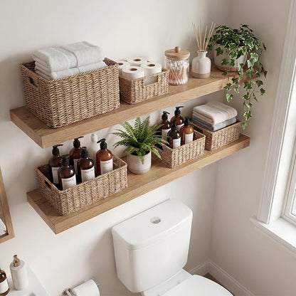 INHABIT UNION Oak Floating Shelves Set of 2，35.43in Wall Mounted Display Ledge Shelves for Bedroom, Bathroom, Living Room and Kitchen Decoration Storage