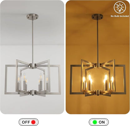 Klgxnrd 6-Light Modern Farmhouse Brushed Nickel Chandelier, Industrial Pendant Lights Kitchen Island, Hanging Dining Room Light Fixture, Metal Geometric Chandelier for Bedroom Hallway Entryway