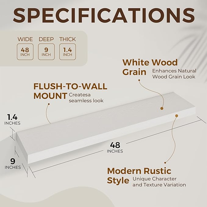 Dreamland 48 Inch Long Floating Shelves in White,9.3 Inch Deep Floating Shelf for Wall,Large Display & Storage Shelf, Wall Shelf for Bathroom Bedroom Living Room Kitchen Office，Set of 2