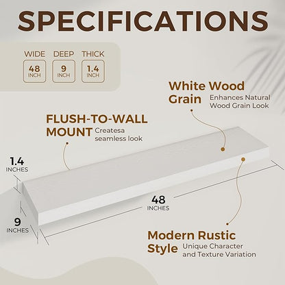 Dreamland 48 Inch Long Floating Shelves in White,9.3 Inch Deep Floating Shelf for Wall,Large Display & Storage Shelf, Wall Shelf for Bathroom Bedroom Living Room Kitchen Office，Set of 2