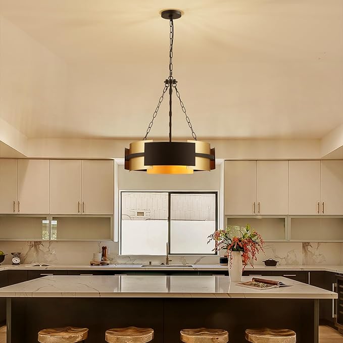 Modern Chandelier 19.7" Industrial Hanging Light Fixture Black and Gold 4-Light Large Drum Pendant Lighting for Dining Room Kitchen Island Office Living Room
