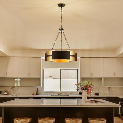 Modern Chandelier 19.7" Industrial Hanging Light Fixture Black and Gold 4-Light Large Drum Pendant Lighting for Dining Room Kitchen Island Office Living Room