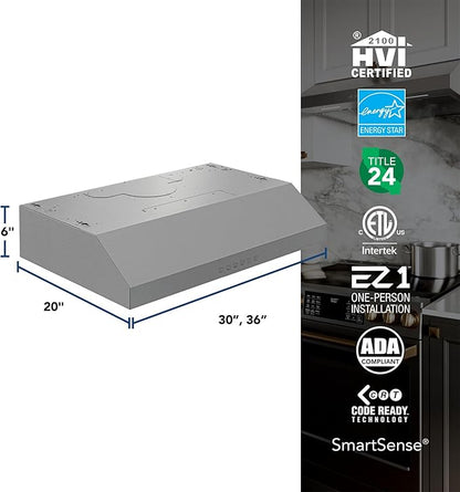 Broan-NuTone Glacier 36-Inch 490 MAX Blower CFM 1.0 Sones Stainless Range Hood