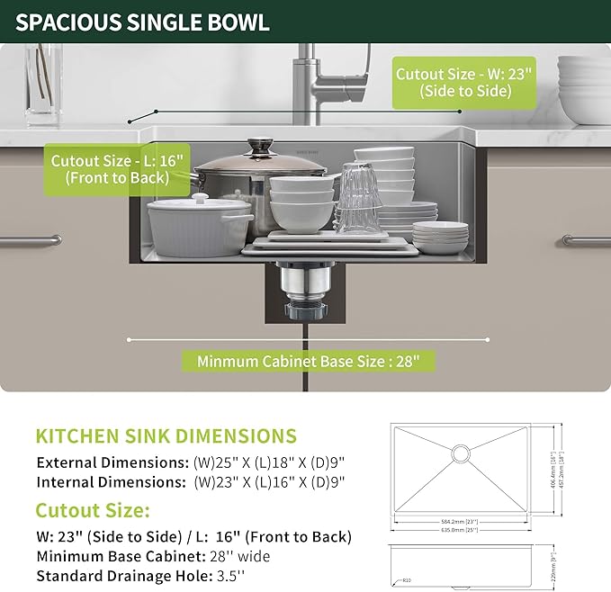 25-inch Undermount Kitchen Sink, SINKVINE Stainless Steel Single Bowl Indoor and Outdoor Sink for Laundry RV, with 3.5-inch Drain Strainer, Bottom Grid Protector, Roll-up Drying Unit, 25 x 18