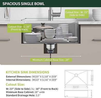 25-inch Undermount Kitchen Sink, SINKVINE Stainless Steel Single Bowl Indoor and Outdoor Sink for Laundry RV, with 3.5-inch Drain Strainer, Bottom Grid Protector, Roll-up Drying Unit, 25 x 18