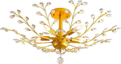 Modern 5 Light Small Crystal Chandelier 30 Inch Gold Semi Flush Mount Ceiling Light Fixture for Kitchen Dining Room Bedroom Entryway Living Room Hallway, E12