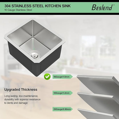 13 Inch Undermount Sink - Beslend 13”x15”x9” Undermount Stainless Steel Kitchen Sink 16 Gauge Single Bowl Kitchen Sink 9 Inch Deep BarPrep Sink Basin, 13Inx15Inx9In