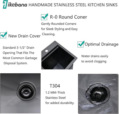 IKEBANA 15x15 Inch Black Drop In Bar Sink Workstation, 16 Gauge Stainless Steel Top Mount Single Bowl Handmade Gunmetal Black Wet Bar Sink for Outdoor Prep RV Laundry with Grid & Cutting Board