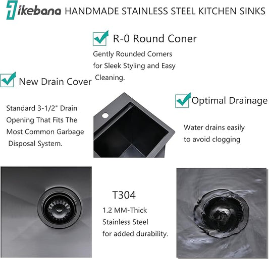 IKEBANA 15x15 Inch Black Drop In Bar Sink Workstation, 16 Gauge Stainless Steel Top Mount Single Bowl Handmade Gunmetal Black Wet Bar Sink for Outdoor Prep RV Laundry with Grid & Cutting Board