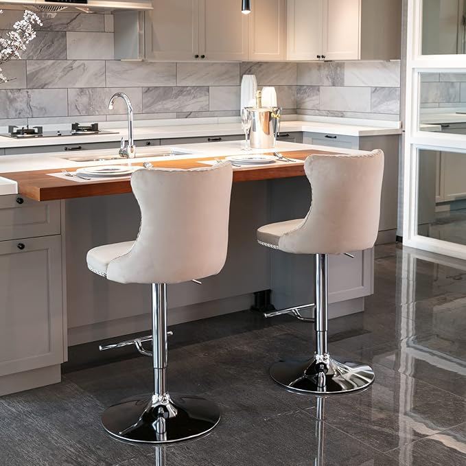 LUMISOL 2 Piece Swivel Velvet Bar Stools, Modern Upholstered Chrome Base Bar Stools with Backs Comfortable Tufted for Home Pub and Kitchen Island, Adjustable Seat Height from 25”-33”, Khaki