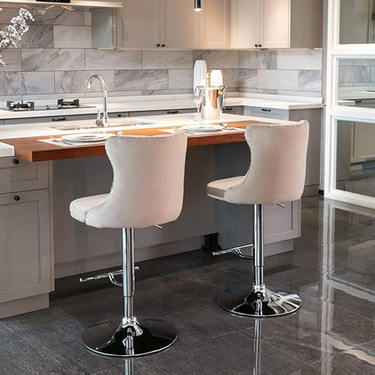 LUMISOL 2 Piece Swivel Velvet Bar Stools, Modern Upholstered Chrome Base Bar Stools with Backs Comfortable Tufted for Home Pub and Kitchen Island, Adjustable Seat Height from 25”-33”, Khaki