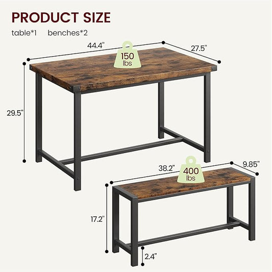 CABIHOME Dining Table Set for 4 with 2 Benches, Kitchen Table Set for 4-6 with Corner Protector, Dining Table and 2 Benches with H-Shaped Frame for Small Space, Kitchen, Apartment，Rustic Brown