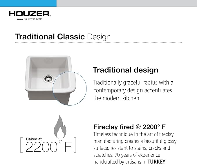 Houzer PTB-2020 BQ Platus 20 Inch Fireclay Bar Sink, Undermount, Square Single Bowl, Non Porous Surface Impervious to Cracks and Chips, Biscuit