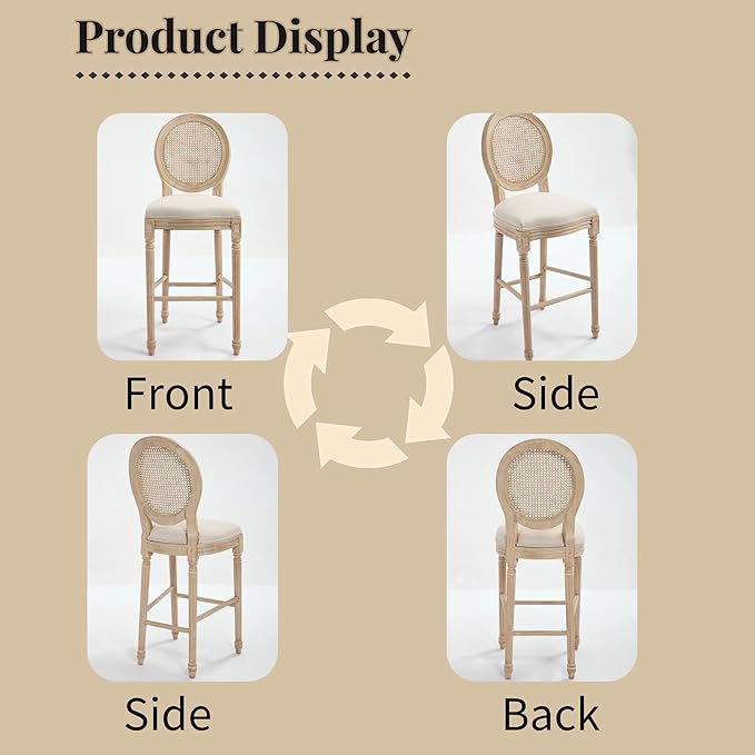 French Country Bar Chairs Set of 2, 30 Inch Upholstered Counter Stools with Natural Rattan Round Back, Solid Wood Frame & Cotton Linen for Kitchen Island, Dining Room, Bistro, Beige