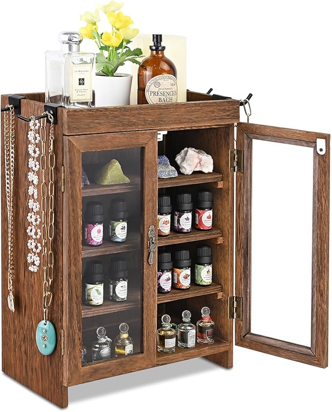 Ikee Design Small Wooden Countertop Storage Cabinet with Adjustable Shelves and Removable Hooks, Perfect for Perfume, Pantry, Essential Oil, 10.4W x 6.1D x 14.4H in, Brown