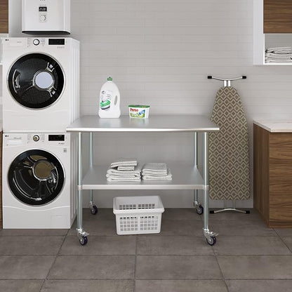 Stainless Steel Work Table with Wheels | NSF Kitchen Island Food Prep | Laundry Garage Utility Bench (Table + Wheels, 48" Long x 30" Deep)