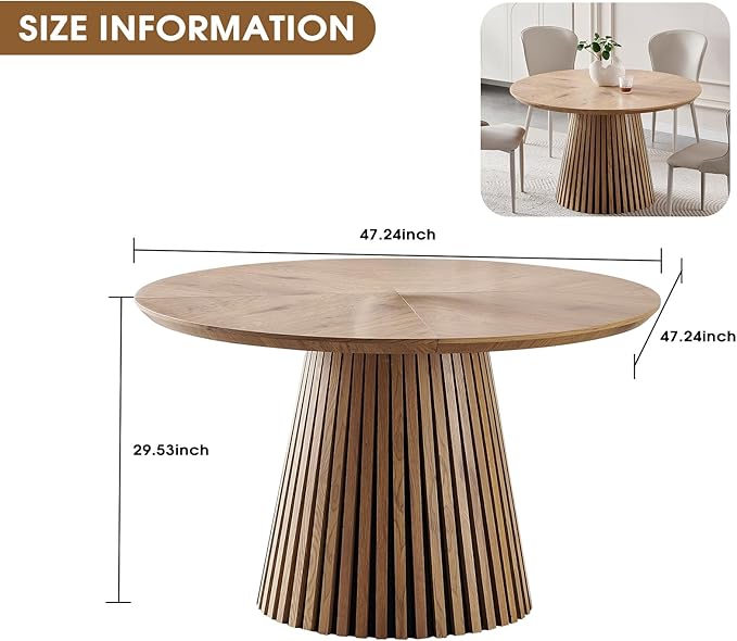 47 inch Round Dining Table for 4-6, Wooden Circle Round Kitchen Table with Wood Strip Pedestal Base, Modern Farmhouse Round Dining Room Table for Family Meals, Gatherings, Dinner Party, Living Room