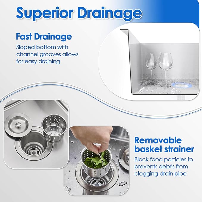 ROVOGO 20x16x9 in. Drop-in Kitchen Sink Single Bowl, 304 Stainless Steel Handmade Modern Sink Top Mount with Bottom Grid and Offset Drain Assembly, 1 Faucet Hole, Brushed