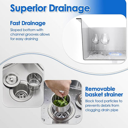 ROVOGO 20x16x9 in. Drop-in Kitchen Sink Single Bowl, 304 Stainless Steel Handmade Modern Sink Top Mount with Bottom Grid and Offset Drain Assembly, 1 Faucet Hole, Brushed