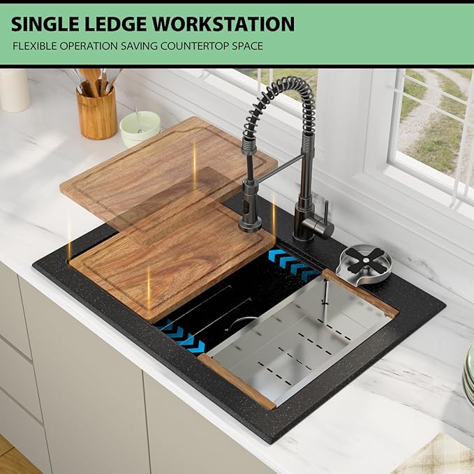 30 Granite Composite Kitchen Sink - Beslend 30x22 Drop In Black Kitchen Sink with High Pressure Glass Rinser, Granite Composite Worksation Black Sinks Easy Clean Quartz Basin for Kitchen Remodel