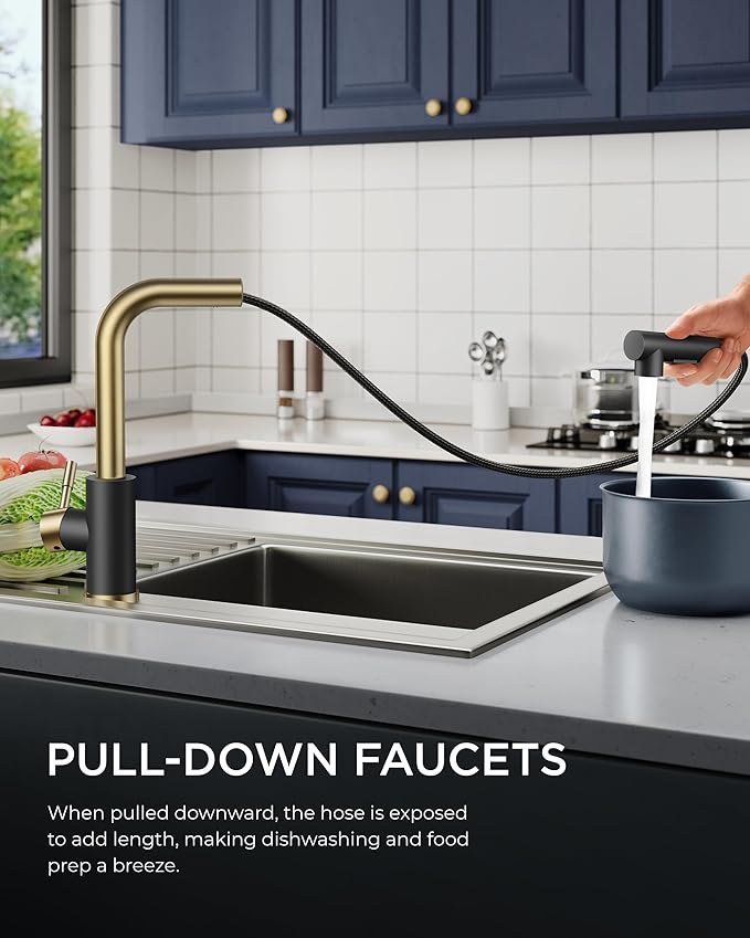 FORIOUS Kitchen Faucets with Pull Down Sprayer, Stainless Steel Single Handle Classic Pull Out Bar Sink Faucet for Farmhouse Laundry RV, with Deck Plate for 1 or 3 Holes, Black Gold