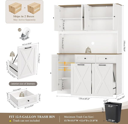 HOSTACK 71"H Kitchen Trash Can Cabinet, 12.5 Gallon Double Pull Out Garbage Can Hutch Cabinet with Trash Bin Storage Holders, 47" Wide Kitchen Pantry with Hidden Garbage Storage for Dining Room, White