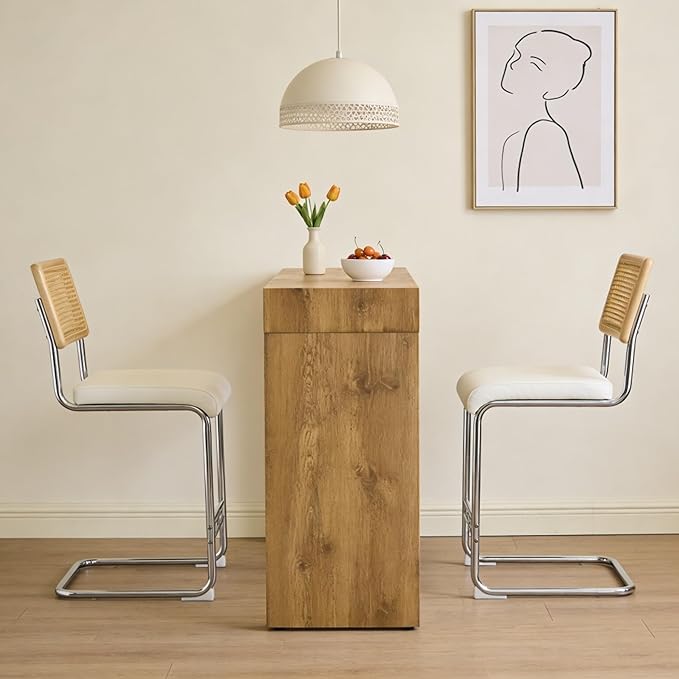 Counter Height Dining Set with Rattan Back Stools,Bar Table with 2 Drawers,Upholstered Kitchen Island Chairs,Chrome Cantilever Frame,Modern Furniture for Dining Room (Wood Table,2 White Chairs)