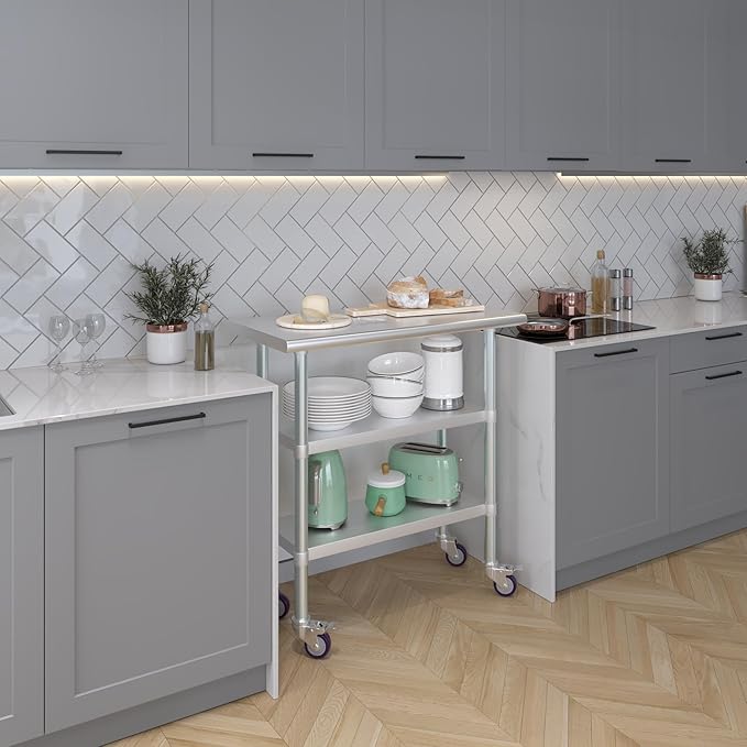Stainless Steel Work Table with 2 Shelves and Casters | Kitchen Island Food Prep | Laundry Garage Utility Bench | NSF Certified (36" Long x 18" Deep)