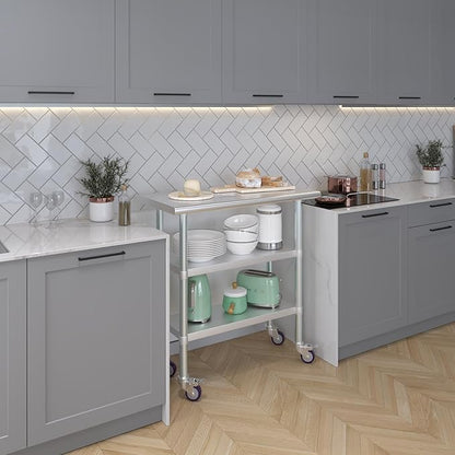 Stainless Steel Work Table with 2 Shelves and Casters | Kitchen Island Food Prep | Laundry Garage Utility Bench | NSF Certified (36" Long x 18" Deep)