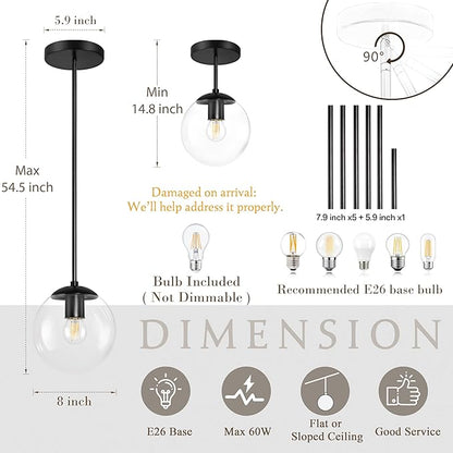 Bagood 8 Inch Black Mid Century Pendant Light Globe Clear Glass Fixture Lights Kitchen Island Globe Pendant Light Mid Century Adjustable Hanging Farmhouse Lights Fixtures for Kitchen Island