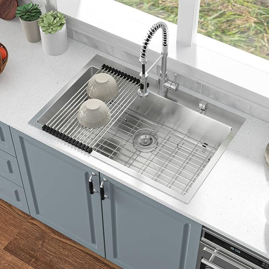 33 Inch Drop In Kitchen Sink - Oumuch 33x22x9 Inch Stainless Steel Kitchen Sinks Single Bowl Drop In Sink 16 Gauge Single Bowl Topmount Sink