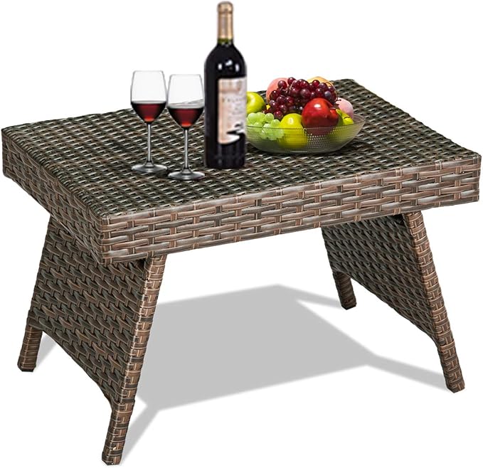 ReunionG Outdoor Patio Wicker Table, Portable Folding Table with Rattan and Steel Frame, Leisure Coffee Table, All Weather Standing Side Table for Lawn Garden, Courtyard, Poolside (Brown)