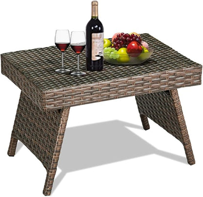 ReunionG Outdoor Patio Wicker Table, Portable Folding Table with Rattan and Steel Frame, Leisure Coffee Table, All Weather Standing Side Table for Lawn Garden, Courtyard, Poolside (Brown)