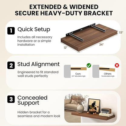 12 Inch Deep Floating Shelves, 60W x 12D Floating Shelf for Books, Rustic Wood Deep Wall Shelves for Home Storage & Display, 1.5" Thicked Shelves for Kitchen, Living Room, Bedroom, Walnut, 2 Pack