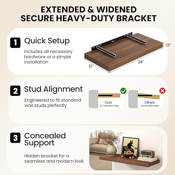 Floating Shelves for Wall, 24 Inch Floating Shelves Set of 2, Wall Mounted Rustic Wood Shelf for Bathroom, Living Room, Bedroom and Kitchen, Hanging Shelf for Storage, Books, Home Decor, Walnut