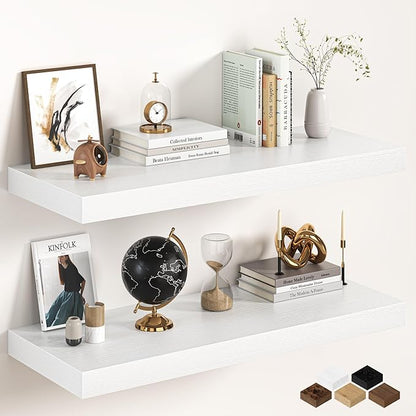 36Inch White Floating Shelves for Wall, 12 Inch Deep Shelves for Bedroom, Kitchen, Bathroom Wall Mounted, Rustic Wood Floating Shelf with Invisible Brackets for Books, Storage, Decor, 2 Packs