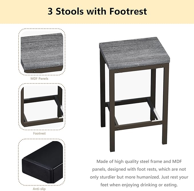 Merax Modern Design 4-Piece Counter Height Extra Long Dining Table Set with 3 Stools and Side Table with Footrest,Space-Saving Pub Kitchen Set,Easy Assembly,Grey