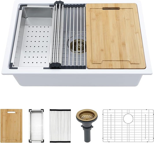Kichae 28 inch Undermount Kitchen Sink - 28" x 19" White Granite Composite Kitchen Sink Ledge Workstation Quartz Single Bowl Deep Basin with Cutting Board