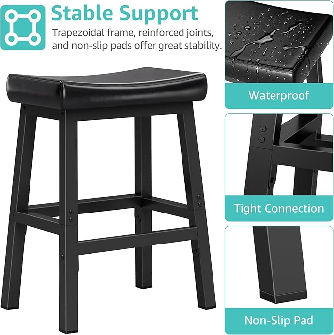 WINAZ 24 Inch Bar Stools for Kitchen Island, Kitchen Chairs Counter Height Stools with Footrest, Black Saddle Leather Barstools Heavy Duty for Dining Table Farmhouse Outdoor, 1 PC