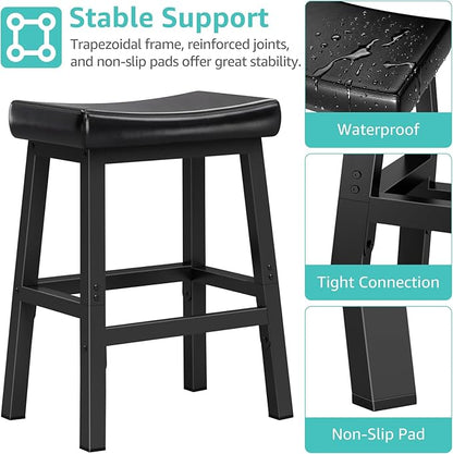 WINAZ 24 Inch Bar Stools for Kitchen Island, Kitchen Chairs Counter Height Stools with Footrest, Black Saddle Leather Barstools Heavy Duty for Dining Table Farmhouse Outdoor, 1 PC
