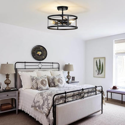 Farmhouse Semi Flush Mount Ceiling Light, 3-Light Black Metal Cage Rustic Chandelier, Industrial Pendant Lighting for Hallway, Bedroom, Kitchen, Foyer, Living Room, Dining Room, Entryway