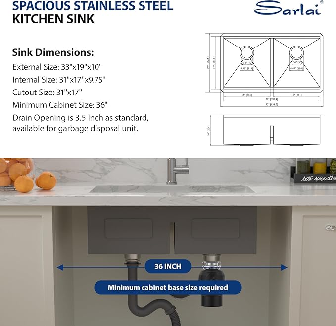 33 Undermount Double Kitchen Sink - Sarlai 33 Inch Kitchen Sink Stainless Steel 16 Gauge Undermount Ledge Workstation Double Basin 50/50 Low Divide Under Counter Sinks Basin