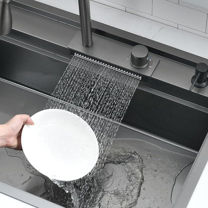 30 inch Black Drop in Kitchen Sink Workstation with Waterfall Faucet Combo -VOKIM 30x22 Drop in sink Workstation 16 Gauge Stainless Steel Single Bowl topmount Kitchen Sink with Waterfall Faucet