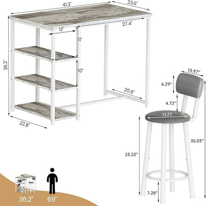 Recaceik Pub Dining Table Set for 2, Table and Bar Stools with 3 Storage Shelves, MDF Board & PU Leather Backrest Chairs, 3 Piece Dining Set for Small Space, Apartment, Kitchen Island, Grey