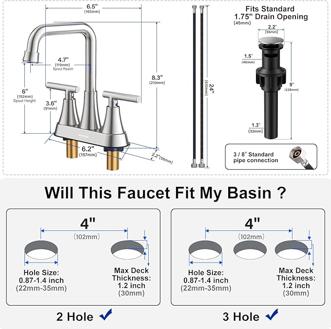 Bathroom Sink Faucet, Hurran 4 inch Brushed Nickel Bathroom Faucets for Sink 3 Hole with Pop-up Drain and Supply Hoses, 2-Handle Centerset Faucet for Vanity RV Farmhouse, 2 Pack