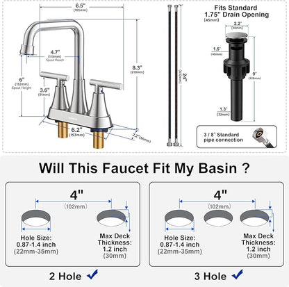 Bathroom Sink Faucet, Hurran 4 inch Brushed Nickel Bathroom Faucets for Sink 3 Hole with Pop-up Drain and Supply Hoses, 2-Handle Centerset Faucet for Vanity RV Farmhouse, 2 Pack