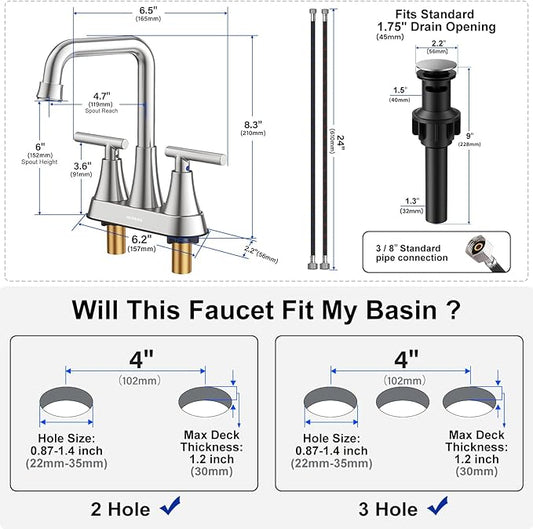 Bathroom Sink Faucet, Hurran 4 inch Brushed Nickel Bathroom Faucets for Sink 3 Hole with Pop-up Drain and Supply Hoses, 2-Handle Centerset Faucet for Vanity RV Farmhouse, 2 Pack