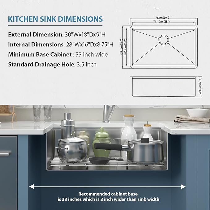 30 Inch Undermount Kitchen Sink 30x18x9 Inch Workstation Undermount Sink Stainless Steel 16 Gauge Single Bowl Under Counter with Accessories