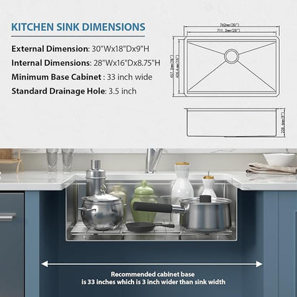 30 Inch Undermount Kitchen Sink 30x18x9 Inch Workstation Undermount Sink Stainless Steel 16 Gauge Single Bowl Under Counter with Accessories
