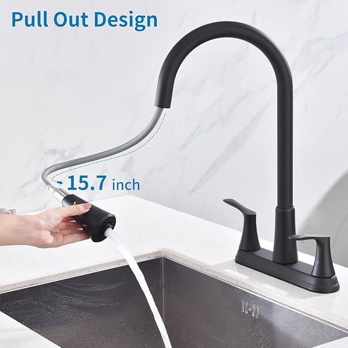HOMELODY 2 Handles Kitchen Faucet with Pull Down Sprayer for 3 Hole Sink, 8 inch 360° Rotating Spout Centerset Kitchen Sink Faucet with Water Lines Matte Black